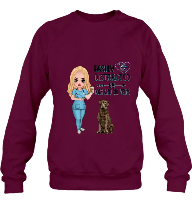 Personalized Nurse Dog Mom Shirt/ Pullover Hoodie - Up to 5 Dogs - Gift Idea For Dog Lovers - Easily Distracted By Dogs And Big Veins