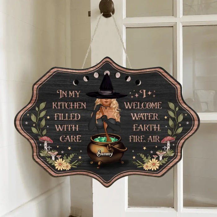 Custom Personalized Witch Wooden Sign - In My Kitchen Filled With Care I Welcome Water Earth Fire Air - Halloween Gift Idea For Friends/Sisters/Wiccan Decor/Pagan Decor