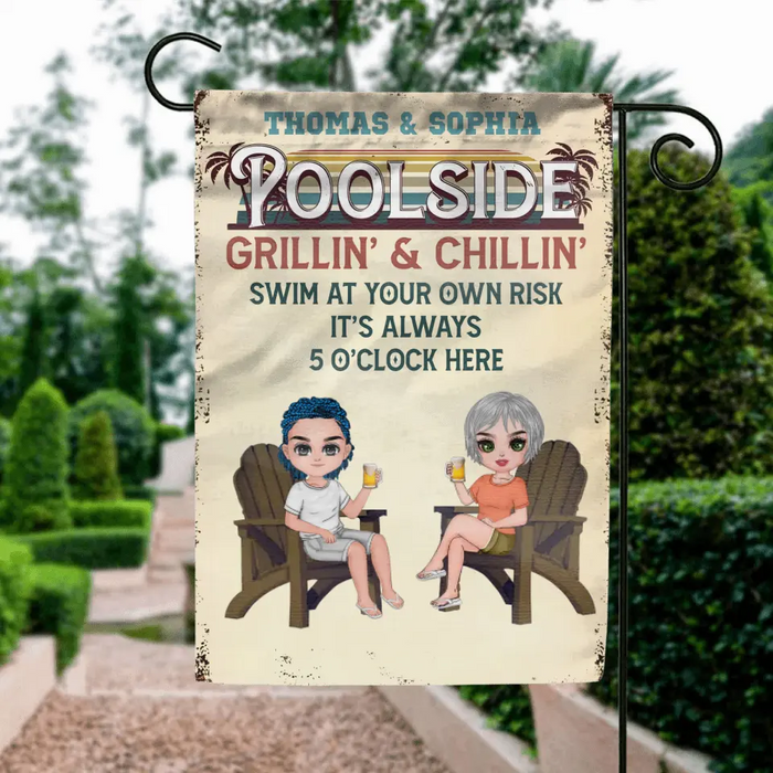 Custom Personalized Couple Flag Sign - Gift Idea for Camping Lovers/Couple - Poolside Grillin' & Chillin' Swim At Your Own Risk It's Always 5 O'Clock Here