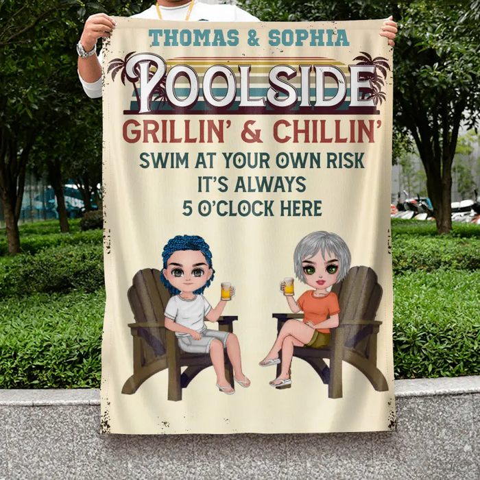 Custom Personalized Couple Flag Sign - Gift Idea for Camping Lovers/Couple - Poolside Grillin' & Chillin' Swim At Your Own Risk It's Always 5 O'Clock Here