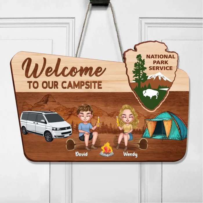 Custom Personalized Camping Couple Wooden Sign - Couple With Upto 3 Dogs - Gift Idea For Couple/ Camping/ Dog Lover - Welcome To Our Campsite