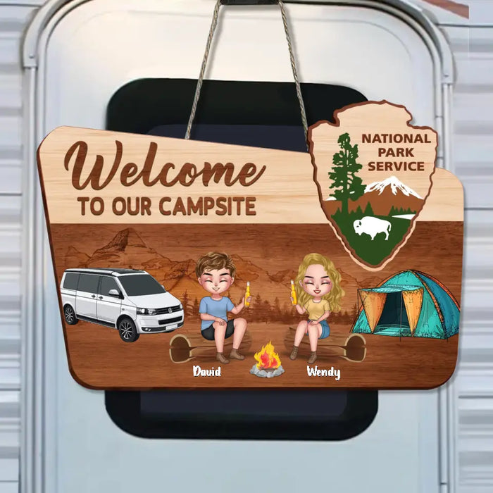 Custom Personalized Camping Couple Wooden Sign - Couple With Upto 3 Dogs - Gift Idea For Couple/ Camping/ Dog Lover - Welcome To Our Campsite