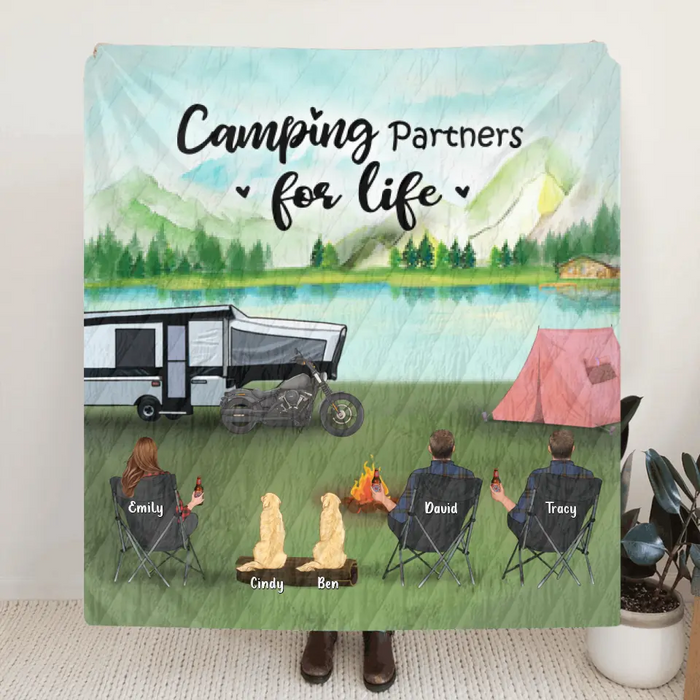 Custom Personalized Camping Pillow Cover/Quilt/Single Layer Fleece Blanket - Gift For Camping Lovers With 3 Adults - Camping Partner For Life