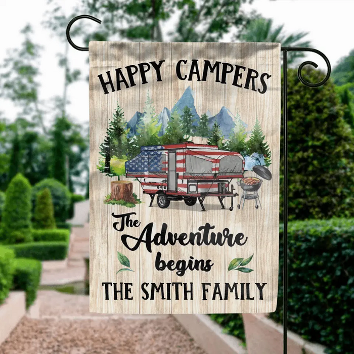 Custom Personalized Camper Flag Sign - Gift Idea For Camping Lovers/Family - Happy Campers The Adventure Begins