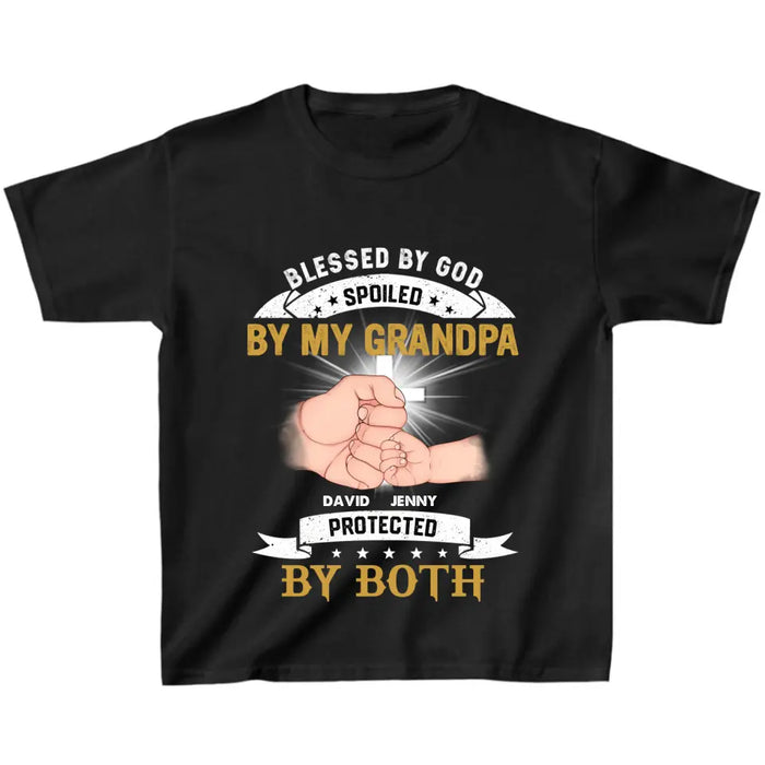 Custom Personalized Grandkids Kid T-Shirt - Upto 5 Kids - Gift Idea For Grandma/Grandpa - Blessed By God Spoiled By My Grandpa Protected By Both