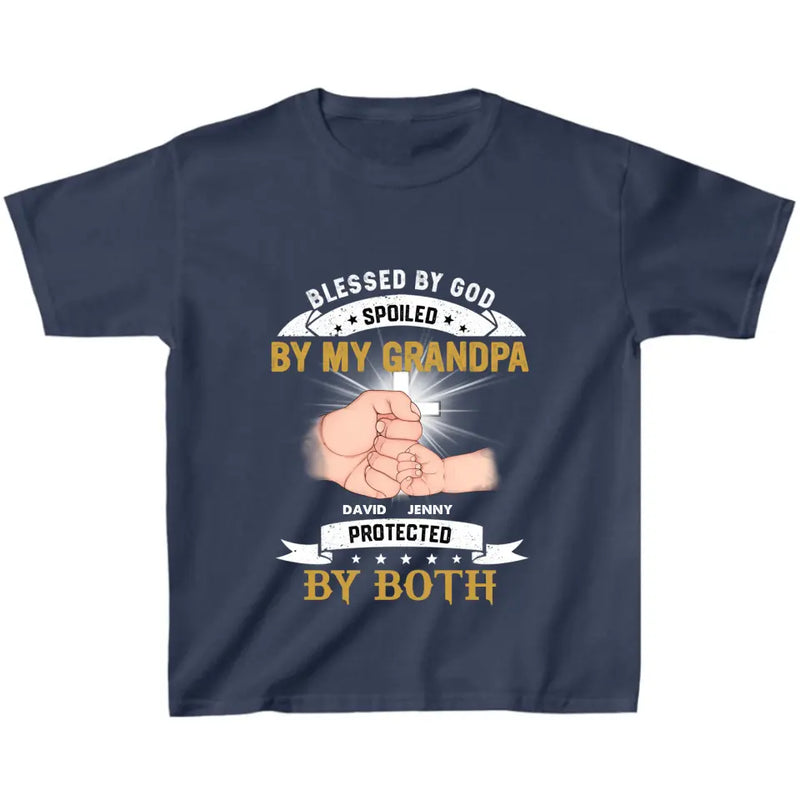 Personalized Grandkids Kid T-Shirt - Up to 5 Kids - Gift Idea For Grandma/Grandpa - Blessed By God Spoiled By My Grandpa Protected By Both