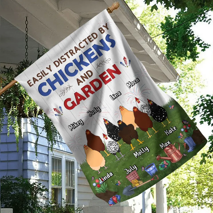 Custom Personalized Chickens Flag Sign - Upto 9 Chickens - Gift Idea For Independence Day/Chicken Lovers - Easily Distracted By Chickens & Garden