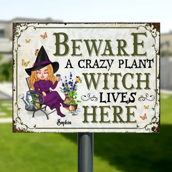 Custom Personalized Garden Witch Metal Sign - Gift Idea For Halloween/Witch Lovers - Beware A Crazy Plant Witch Lives Here