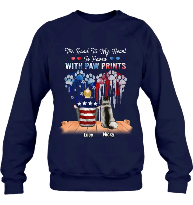 Custom Personalized Dog Mom/Dad Shirt/Hoodie - Gift For Dog Mom/Dad/ Dog Lovers/Independence Day - The Road To My Heart Is Paved With Paw Prints