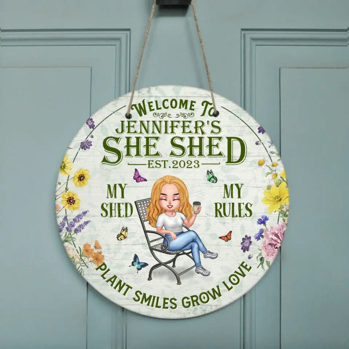 Custom Personalized Garden Circle Door Sign - Gift Idea For Garden Lovers - Welcome To She Shed My Shed My Rules Plant Smiles Grow Love