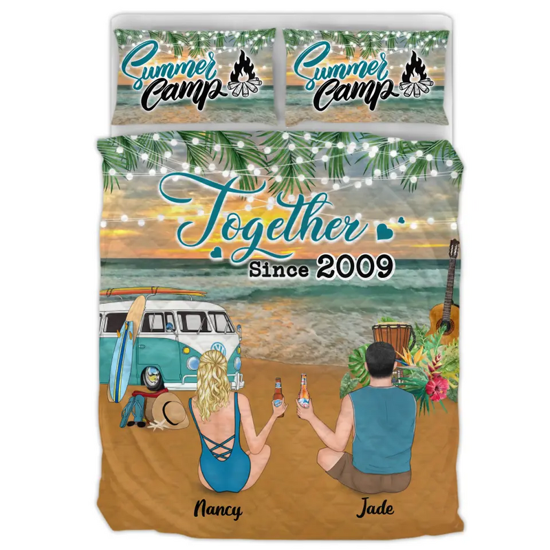 Personalized Sunset Summer Beach Camping Quilt Bed Sets - Couple/Family With Up to 3 Kids And 3 Pets - Best Gift Idea For Camping/Dog/Cat Lover - Together Since 2009