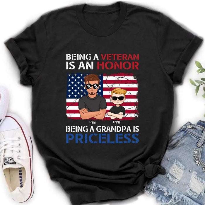 Custom Personalized Veteran Shirt - Upto 4 Grandkids - Gift Idea for Grandpa/Veteran - Being A Veteran Is An Honor Being A Grandpa Is Priceless