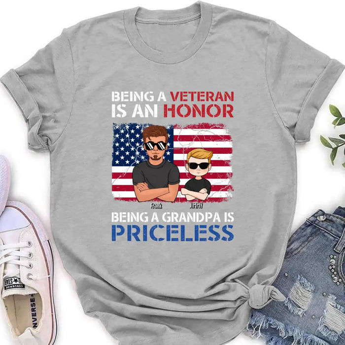 Custom Personalized Veteran Shirt - Upto 4 Grandkids - Gift Idea for Grandpa/Veteran - Being A Veteran Is An Honor Being A Grandpa Is Priceless