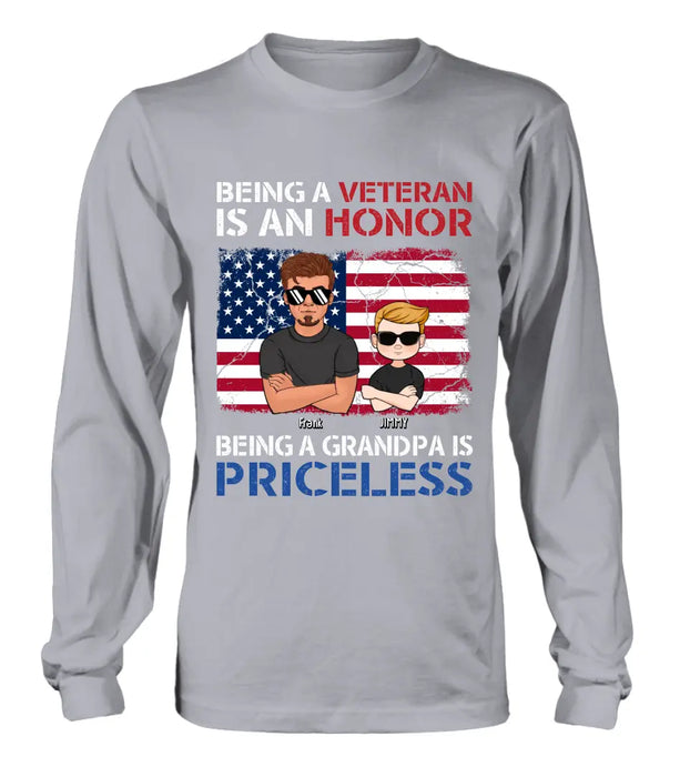 Custom Personalized Veteran Shirt - Upto 4 Grandkids - Gift Idea for Grandpa/Veteran - Being A Veteran Is An Honor Being A Grandpa Is Priceless