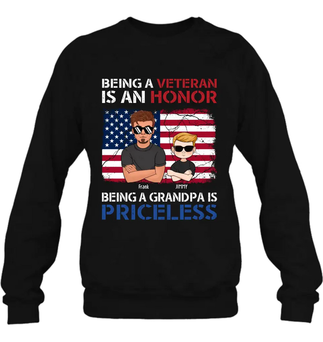 Custom Personalized Veteran Shirt - Upto 4 Grandkids - Gift Idea for Grandpa/Veteran - Being A Veteran Is An Honor Being A Grandpa Is Priceless