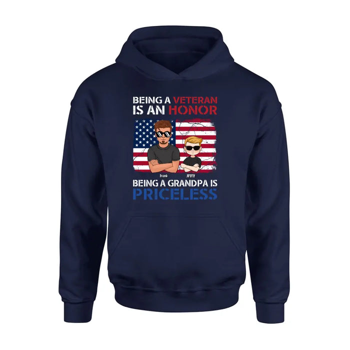 Custom Personalized Veteran Shirt - Upto 4 Grandkids - Gift Idea for Grandpa/Veteran - Being A Veteran Is An Honor Being A Grandpa Is Priceless