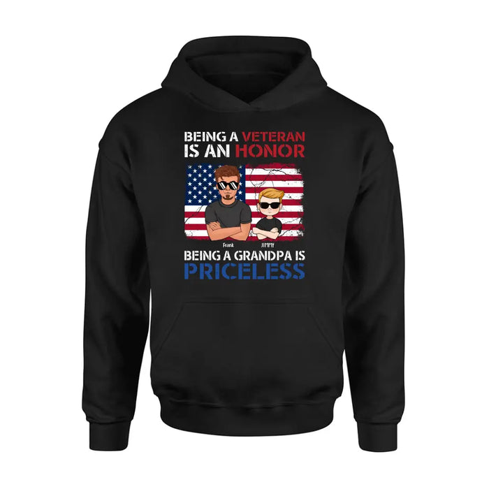 Custom Personalized Veteran Shirt - Upto 4 Grandkids - Gift Idea for Grandpa/Veteran - Being A Veteran Is An Honor Being A Grandpa Is Priceless