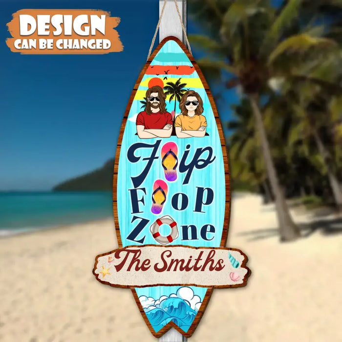 Personalized Surfing Couple Wooden Sign - Gift Idea For Couple/ Family - Flip Flop Zone