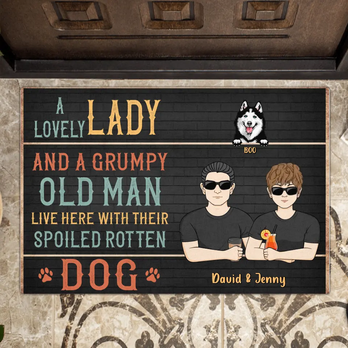 Custom Personalized Couple Doormat - Upto 6 Dogs - Gift Idea for Couple/Dog Lovers - A Love Lady And A Grumpy Old Man Live Here With Their Spoiled Rotten Dog