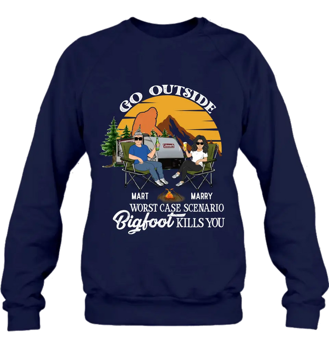 Custom Personalized Couple Camping Shirt/ Pullover Hoodie/Long sleeve/Sweatshirt - Gift Idea For Camping Lover - Go Outside Worst Case Scenario Bigfoot Kills You