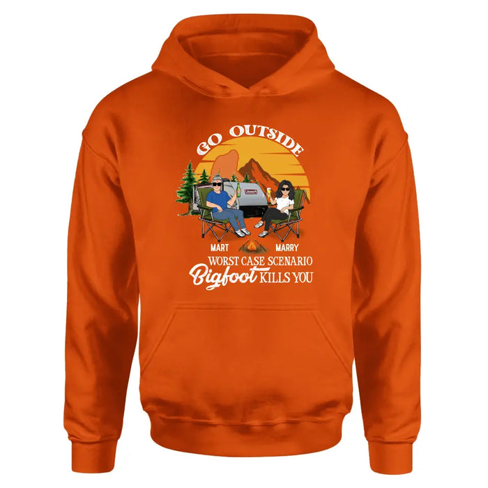 Custom Personalized Couple Camping Shirt/ Pullover Hoodie/Long sleeve/Sweatshirt - Gift Idea For Camping Lover - Go Outside Worst Case Scenario Bigfoot Kills You