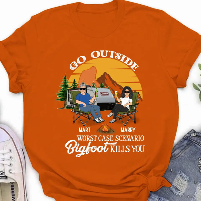 Custom Personalized Couple Camping Shirt/ Pullover Hoodie/Long sleeve/Sweatshirt - Gift Idea For Camping Lover - Go Outside Worst Case Scenario Bigfoot Kills You