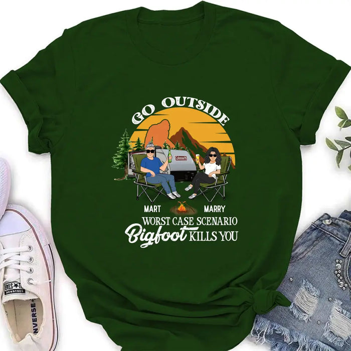 Custom Personalized Couple Camping Shirt/ Pullover Hoodie/Long sleeve/Sweatshirt - Gift Idea For Camping Lover - Go Outside Worst Case Scenario Bigfoot Kills You