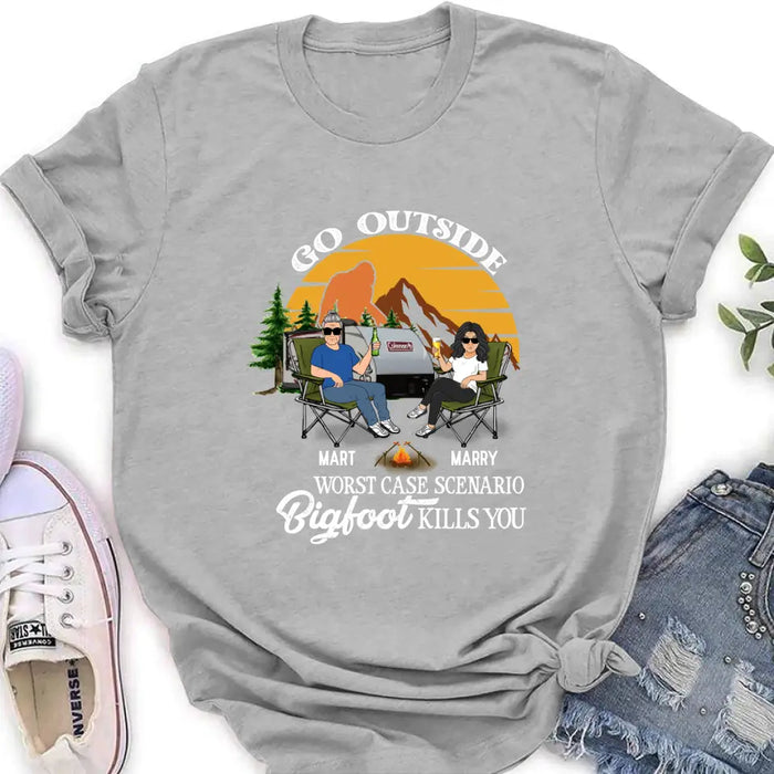 Custom Personalized Couple Camping Shirt/ Pullover Hoodie/Long sleeve/Sweatshirt - Gift Idea For Camping Lover - Go Outside Worst Case Scenario Bigfoot Kills You