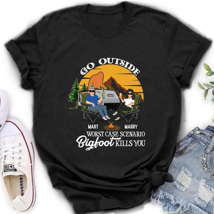 Custom Personalized Couple Camping Shirt/ Pullover Hoodie/Long sleeve/Sweatshirt - Gift Idea For Camping Lover - Go Outside Worst Case Scenario Bigfoot Kills You