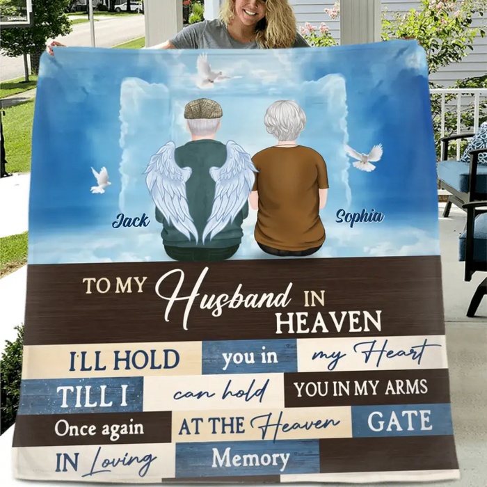 Custom Personalized Couple Quilt/Single Layer Fleece Blanket - Memorial Gift Idea For Couple - To My Husband In Heaven I'll Hold You In My Heart