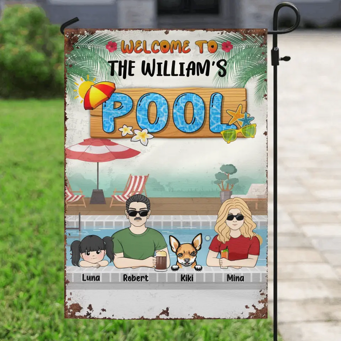 Custom Personalized Family Flag Sign - Gift Idea For Family/Dog Lover - Upto 4 Kids - Welcome To The William's Pool