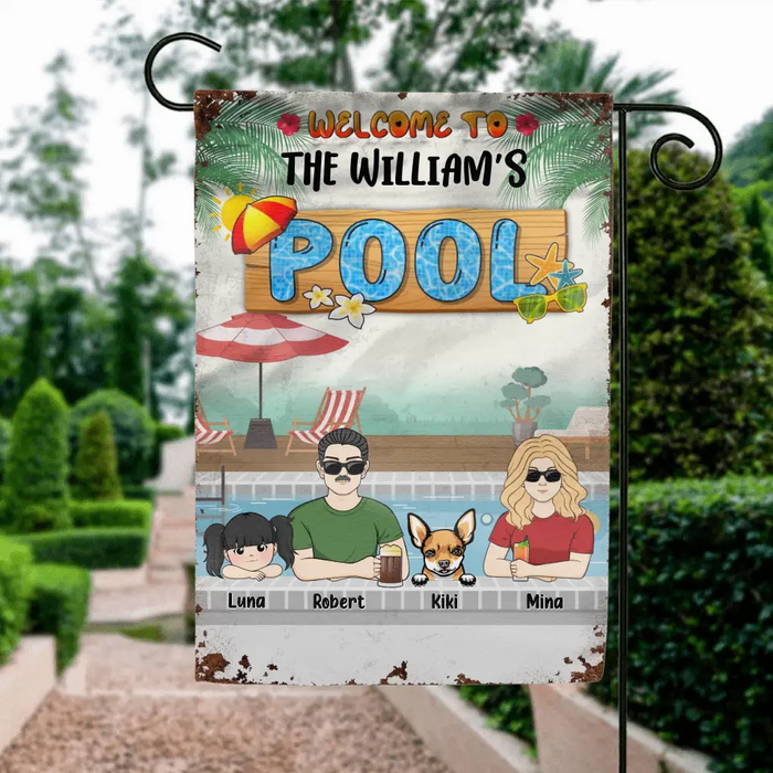 Custom Personalized Family Flag Sign - Gift Idea For Family/Dog Lover - Upto 4 Kids - Welcome To The William's Pool