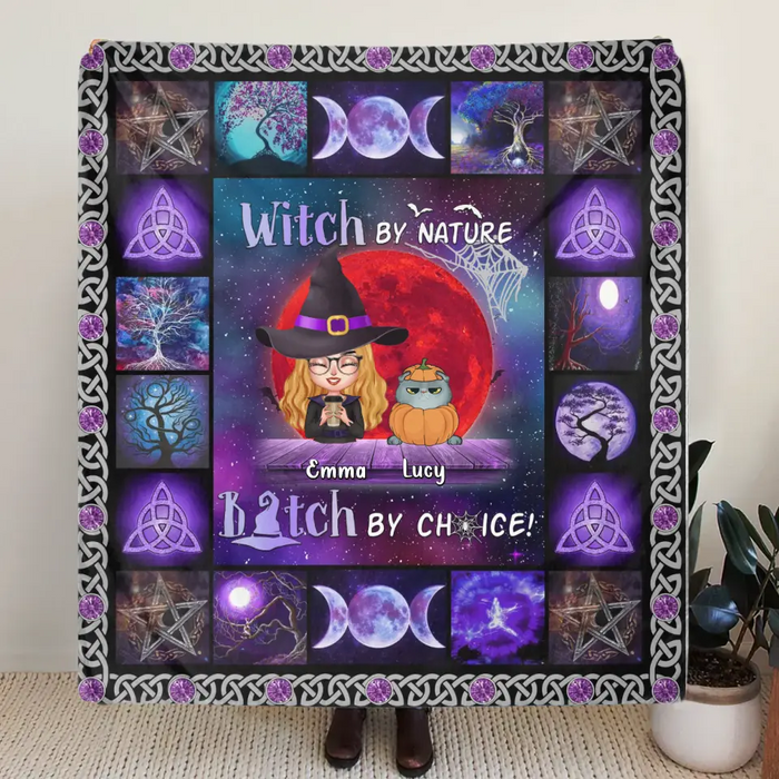 Custom Personalized Witch Quilt/Single Layer Fleece Blanket - Upto 6 Cats/Dogs - Halloween Gift Idea For Cat/Dog Lovers - Witch By Nature Bitch By Choice