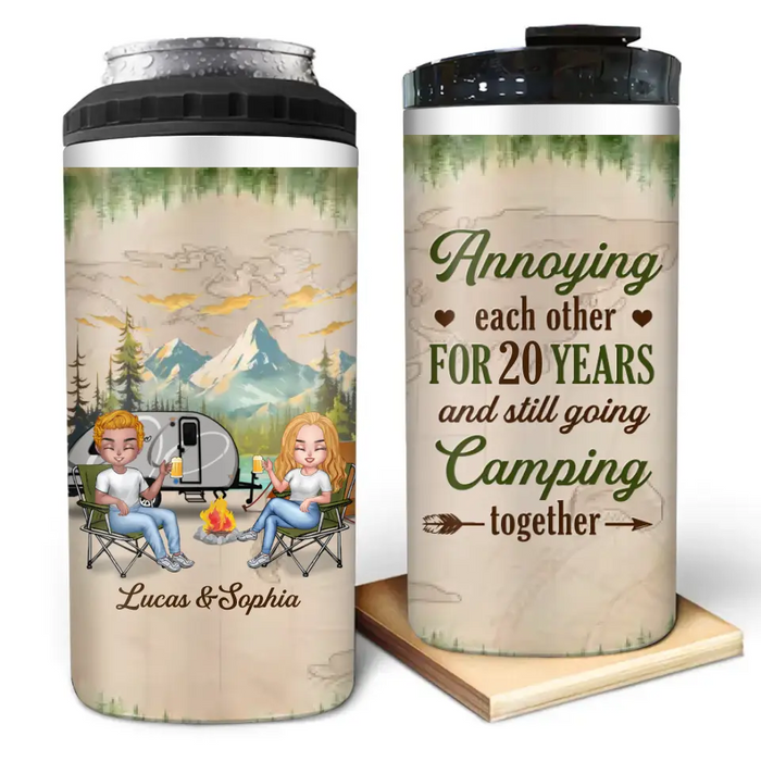 Custom Personalized Camping Couple 4 In 1 Can Cooler Tumbler - Gift Idea For Camping Lover/Couple - Annoying Each Other For 20 Years And Still Going Camping Together