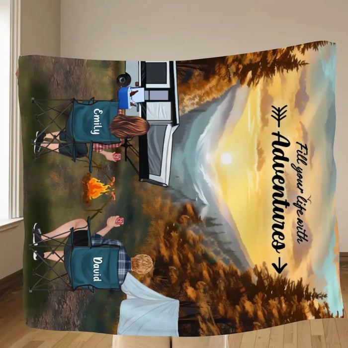 Custom Personalized Smoky Mountain Camping Quilt/Single Layer Fleece Blanket - Gift Idea For Couple, Camping Lovers, Family - Upto 5 Kids, 4 Pets - Fill Your Life With Adventures