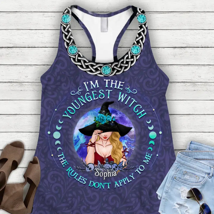 Personalized Witch Sister AOP Women's Racerback Tank Top - Gift Idea for Witch Lovers/Sisters - I'm The Youngest/Middle/Oldest Witch