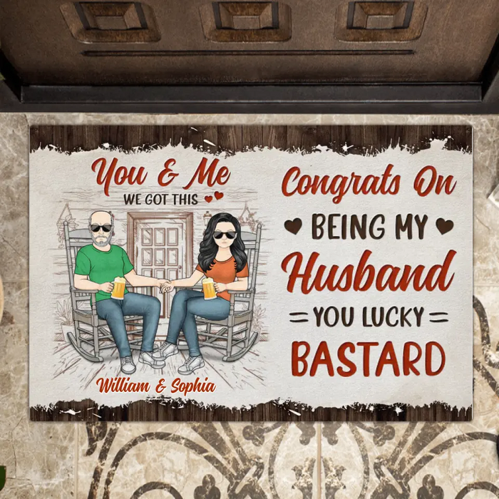 Custom Personalized Couple Doormat - Gift Idea For Couple - Congrats On Being My Husband You Lucky Bastard