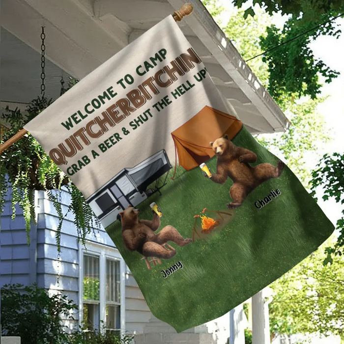 Custom Personalized Camping Friends Flag - Upto 7 Bears - Gift Idea for Camping Lovers/Friends - Welcome To Camp Quitcherbitchin Grab A Beer & Shut The Hell Up!