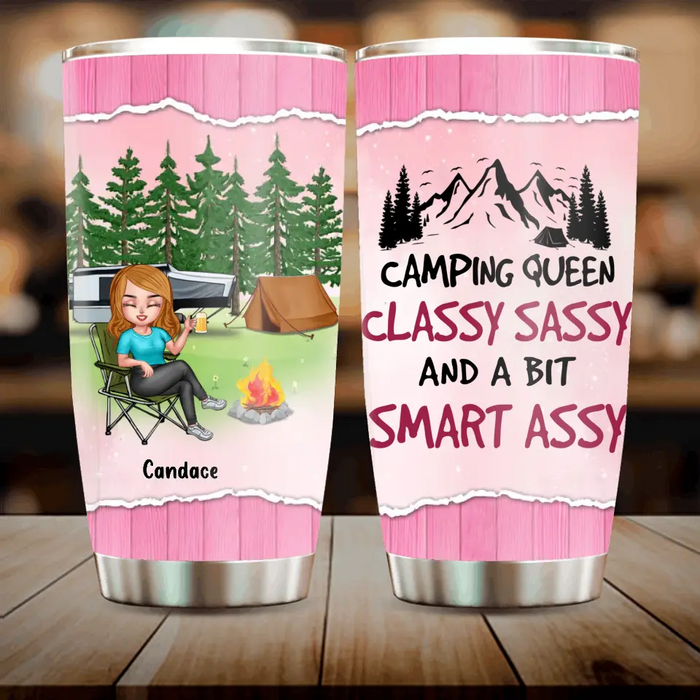 Custom Personalized Camping Queen Tumbler - Upto 7 Friends - Gift Idea for Camping Lovers/Friends - Camping Queen Classy Sassy And A Bit Smart Assy