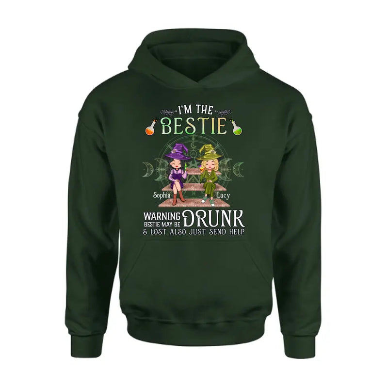 Personalized Witch Besties Shirt/Hoodie Back - Gift Idea For Halloween/Witch Lovers/Besties - I'm The Bestie Warning Bestie May Be Drunk Or Lost Also Just Send Help