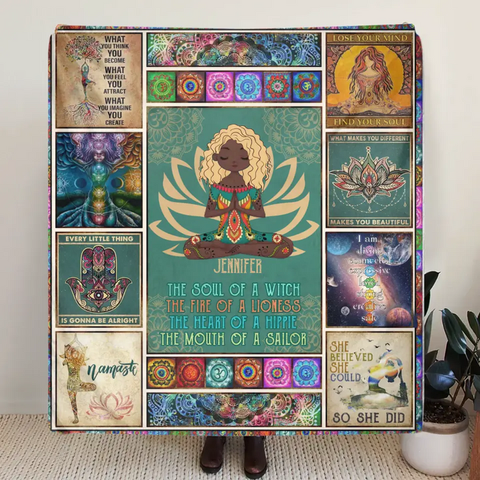 Custom Personalized Yoga Quilt/Single Layer Fleece Blanket - The Soul Of A Witch, The Fire Of A Lioness - Gift Idea For Friend/ Birthday/ Yoga Lover