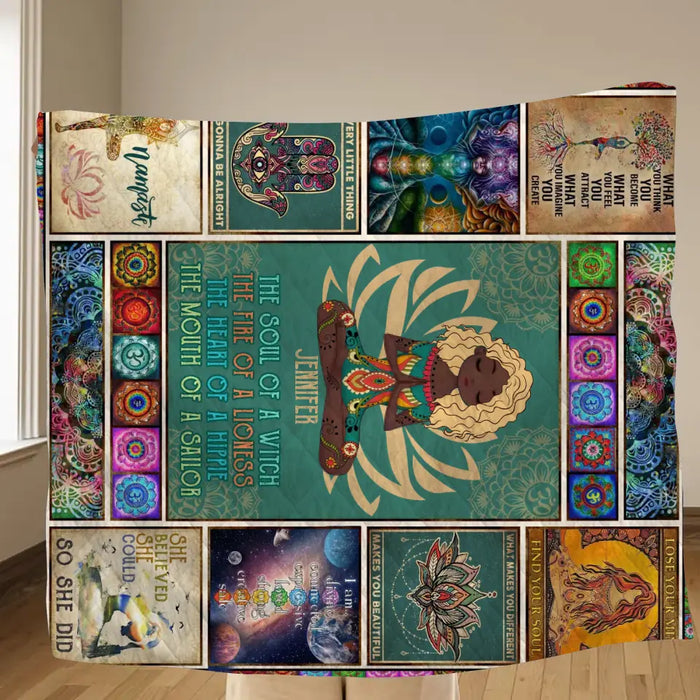 Custom Personalized Yoga Quilt/Single Layer Fleece Blanket - The Soul Of A Witch, The Fire Of A Lioness - Gift Idea For Friend/ Birthday/ Yoga Lover