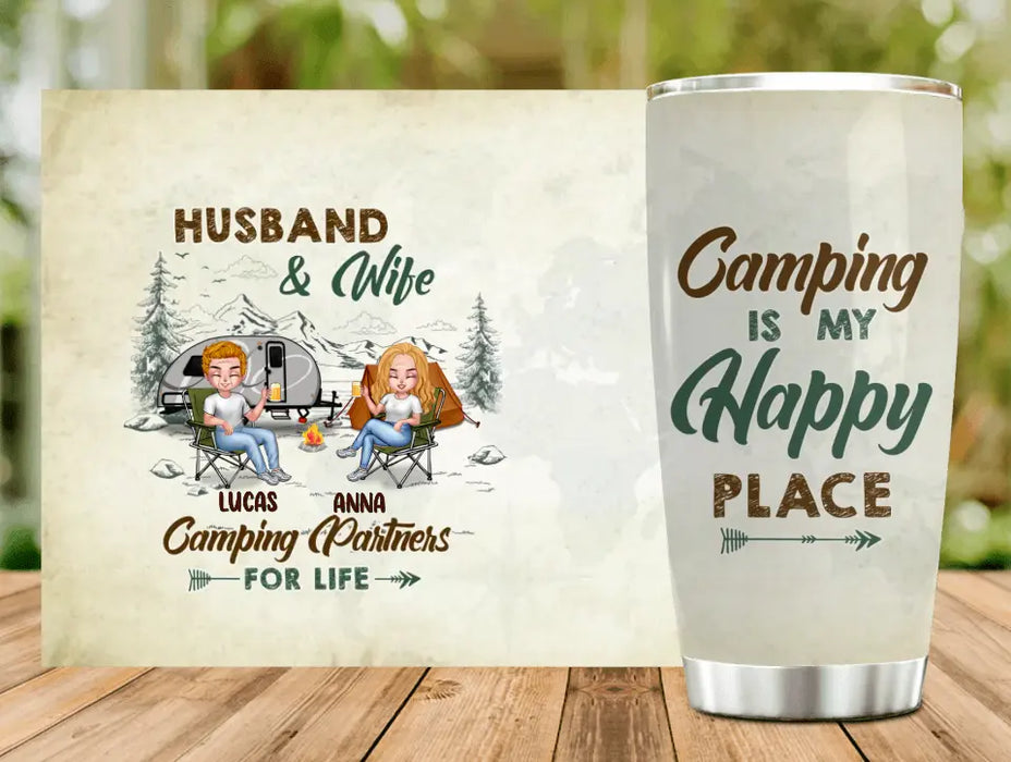 Custom Personalized Camping Couple Tumbler - Gift Idea For Camping Lover/Couple - Camping Is My Happy Place