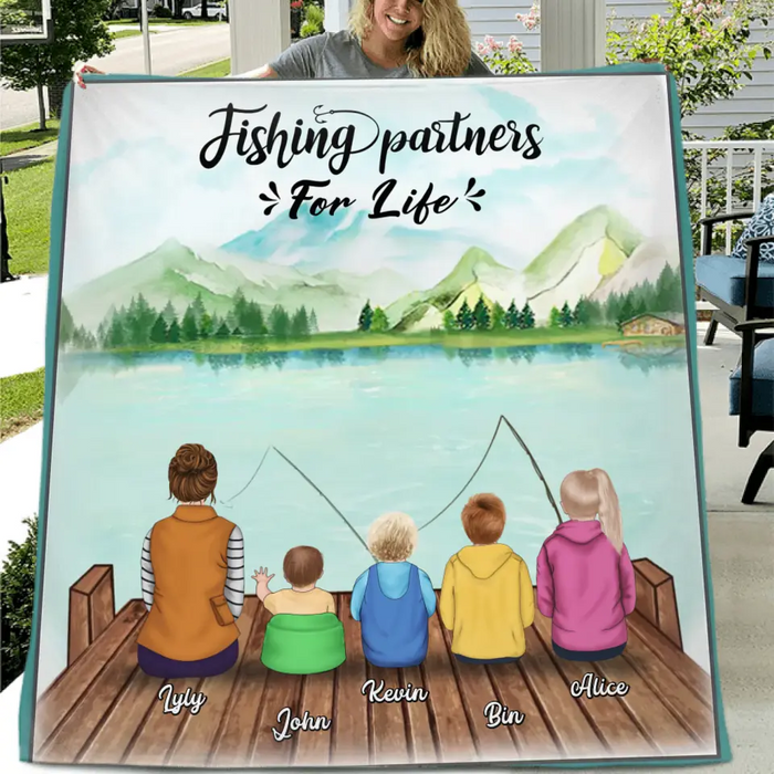 Custom Personalized Fishing Fleece/Quilt Blanket - Single Parent and up to 4 Kids - Fishing Partners for Life