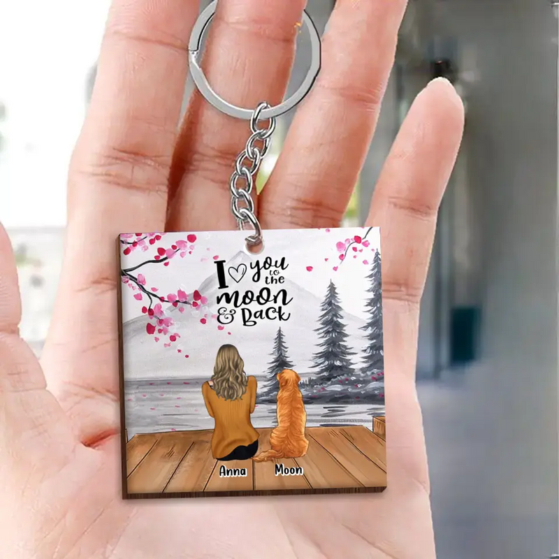 Personalized Dog Mom/Dog Dad Wooden Keychain - Gifts For Dog Lover With Up to 4 Dogs - I Love You To The Moon & Back