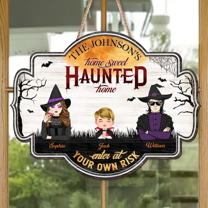 Custom Personalized Witch Family Wooden Sign - Upto 4 Kids - Halloween Gift Idea for Family - Home Sweet Haunted Home