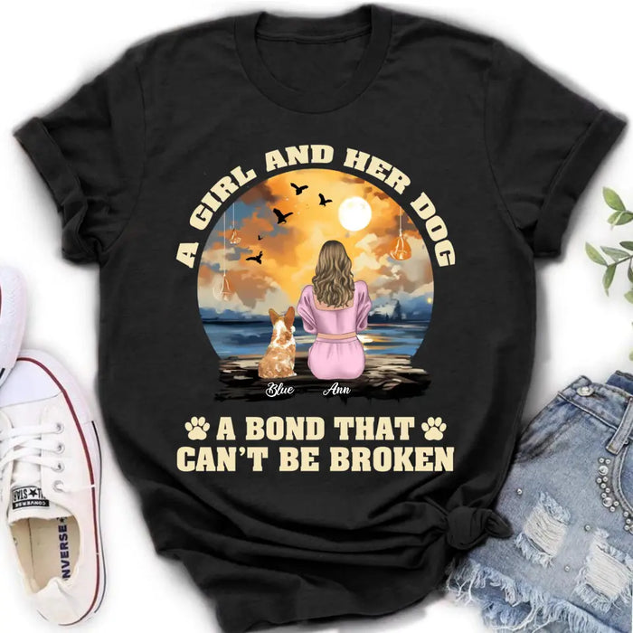 Custom Personalized Dog Mom Shirt/Hoodie - Gift Idea for Dog Lover - Upto 4 Dogs -  A Girl And Her Dog A Bond That Can't Be Broken