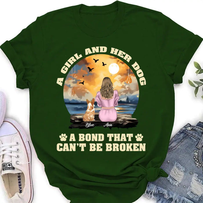 Custom Personalized Dog Mom Shirt/Hoodie - Gift Idea for Dog Lover - Upto 4 Dogs -  A Girl And Her Dog A Bond That Can't Be Broken