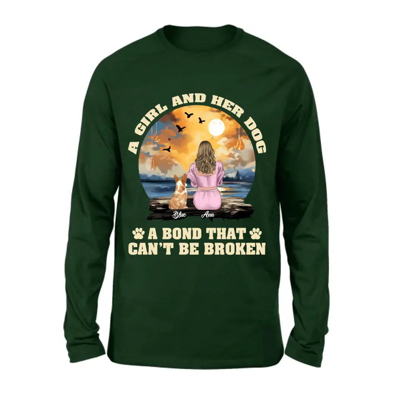 Personalized Dog Mom Shirt/Hoodie - Gift Idea for Dog Lover - Up to 4 Dogs -  A Girl And Her Dog A Bond That Can't Be Broken