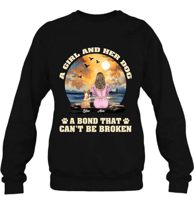 Custom Personalized Dog Mom Shirt/Hoodie - Gift Idea for Dog Lover - Upto 4 Dogs -  A Girl And Her Dog A Bond That Can't Be Broken